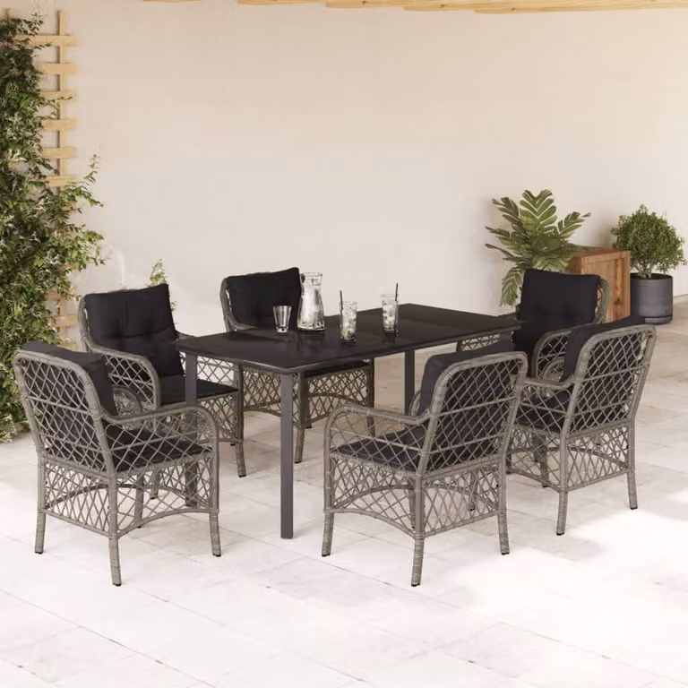 Set da Pranzo da Giardino vidaXL 7 pz in Polyrattan e Vetro Grigio e Nero
