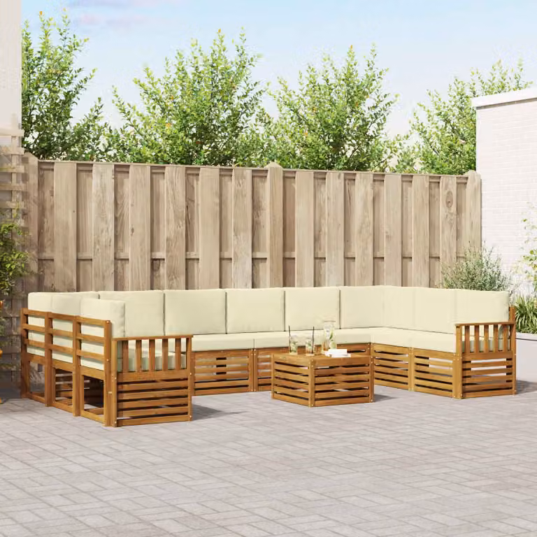 vidaXL Set di divani da esterno a L in legno di acacia con cuscini, 11 pezzi, Beige e Bianco