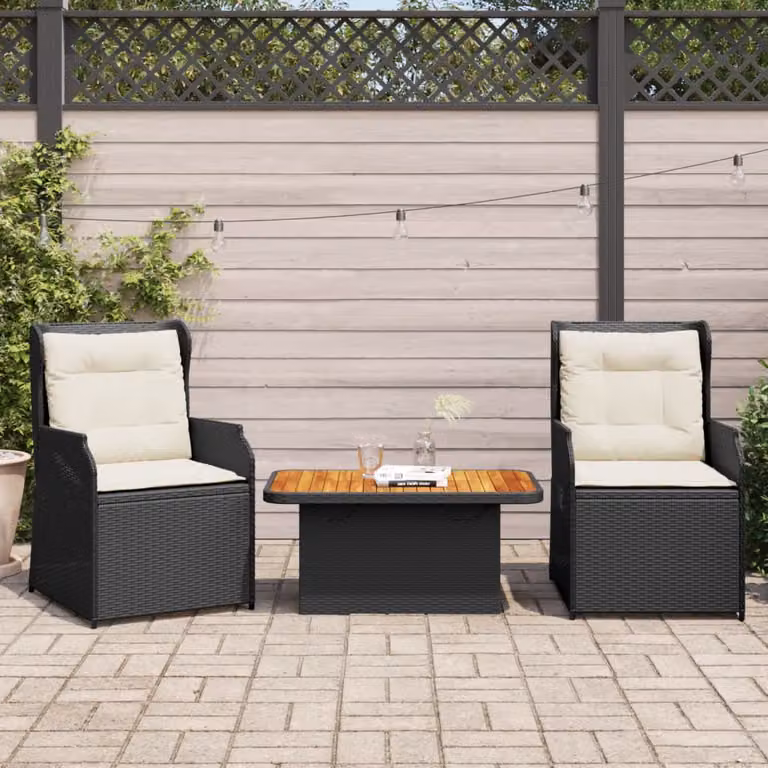 Set da giardino vidaXL composto da 3 pezzi con poltrona lounge, tavolino da caffè e cuscini imbottiti in rattan e metallo nero
