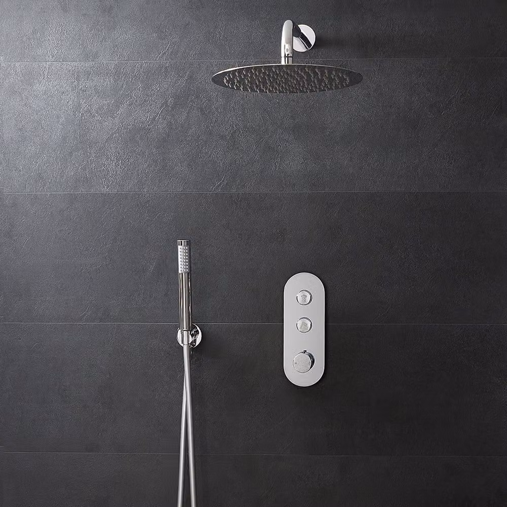 Set Doccia Termostatico con Pulsanti, Soffione e Doccetta con Supporto a Parete (2 Vie) - Cromo - Idro