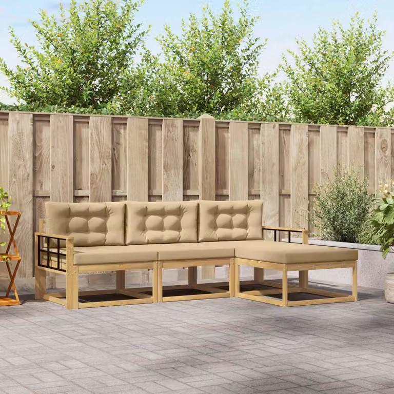 Set di divani da esterno vidaXL a forma di L con pouf, in legno di acacia e tessuto bianco, beige e marrone