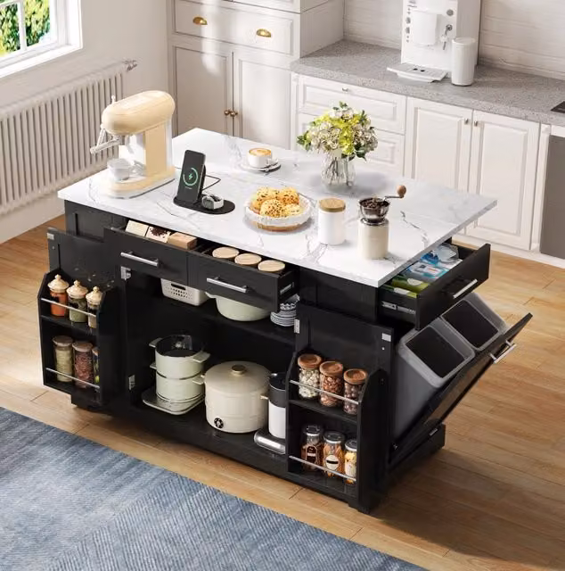 Isola cucina 138 cm con piano ribaltabile; ruote silenziose; presa EU; finitura nera