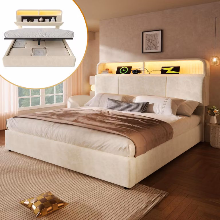 Letto imbottito idraulico Flieks 160x200cm con led, letto contenitore letto singolo con funzione cassetto, letto per ragazzi con testata regolabile in altezza, velluto, beige