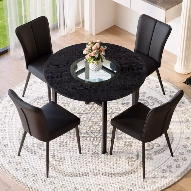 Set da pranzo moderno MIVRAY con tavolo rotondo in vetro e ripiano in MDF e 4 sedie in similpelle nera e trasparente – 1