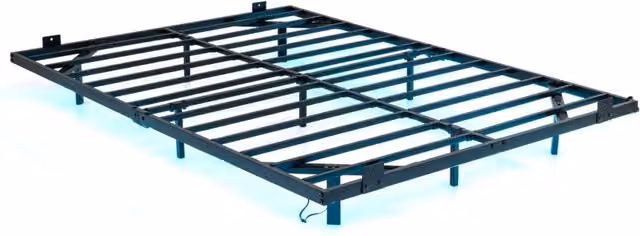 Letto piattaforma moderno in metallo nero con luci LED sottostante e fissaggio per materasso