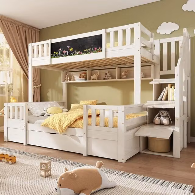 Letto a castello per tre bambini 90x200 e 140x200 cm in legno massello bianco con lavagna, scala contenitore e cassetti