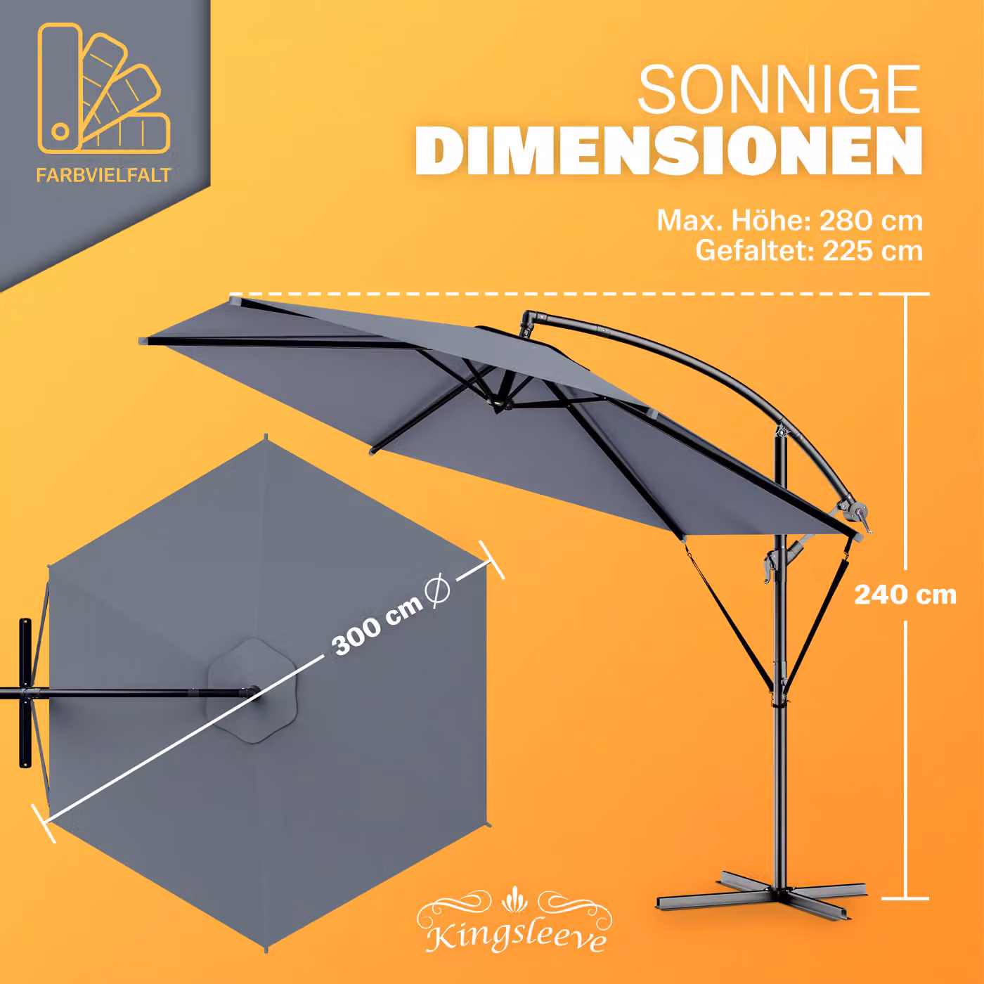 Ombrellone a braccio laterale Kingsleeve® Ampel in alluminio antracite con copertura in poliestere UPF 50+ e manovella, Ø 300 cm – 2