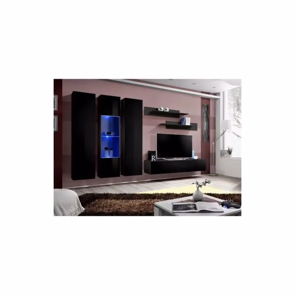 Composizione murale FLY C5 Meublorama Nero lucido – Mobile TV sospeso con colonne vetrate LED e mensole in MDF per il tuo soggiorno moderno – 2
