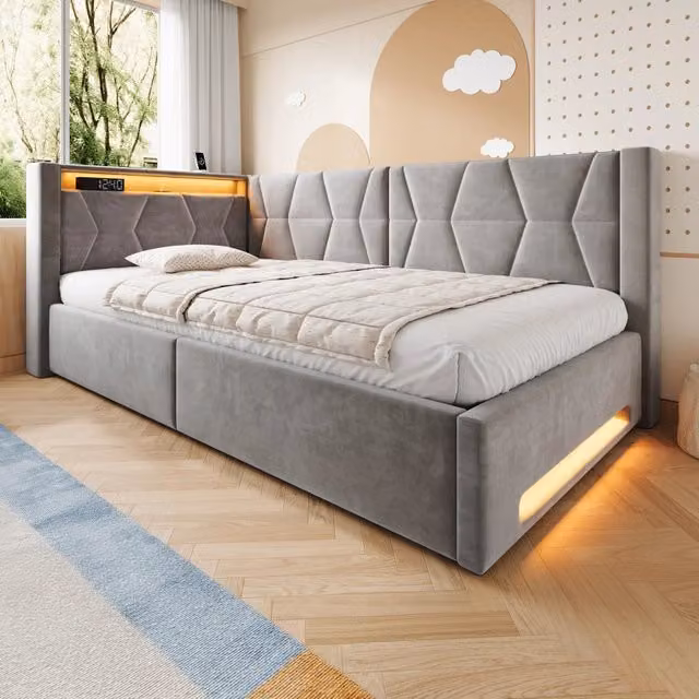 Letto imbottito WISHDOR con contenitore e illuminazione LED, porte USB e Type-C, velluto grigio, L/P/H: 140 x 200 x 148,5 cm
