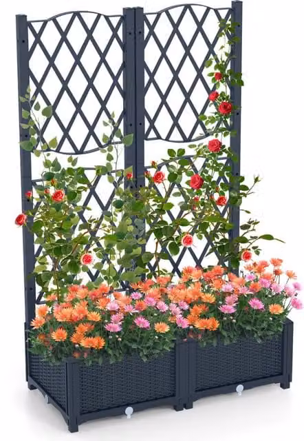 Letto da giardino rialzato con traliccio a reticolo per piante rampicanti, fioriera in plastica autoportante per orto o giardino ornamentale, Grigio, L 76 cm x P 36 cm x H 18 cm – 1
