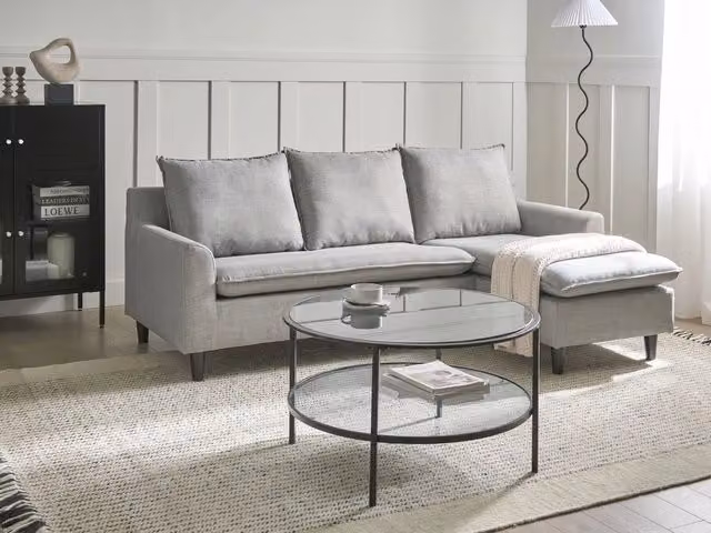 Divano ad angolo Beliani a 3 posti con chaise longue a sinistra, rivestimento in tessuto grigio e gambe in legno di gomma, L 206 x P 140 x H 76 cm