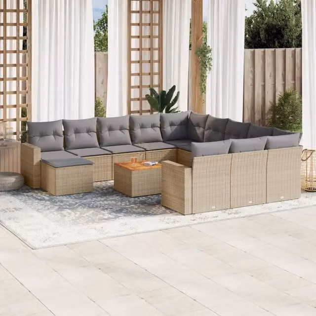 Set Divano da Giardino vidaXL in Polyrattan 13 Pezzi con Cuscini Beige e Grigio e Tavolino, Design Moderno a Forma di U per Terrazza e Giardino