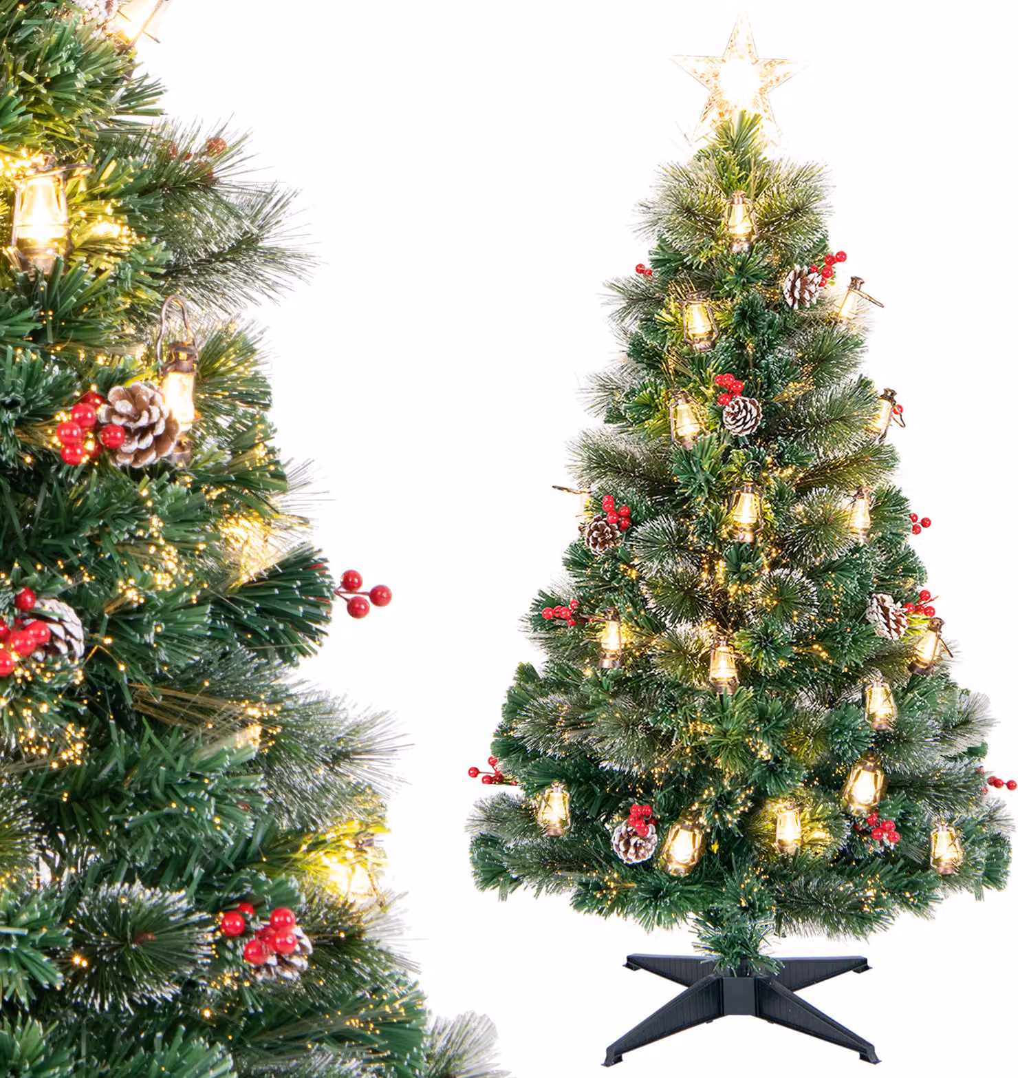 COSTWAY Albero di Natale artificiale da 150 cm con pigne, lampade a paraffina e bacche rosse, albero di Natale con LED, 8 modalità, vetroresina e cima a stella, verde