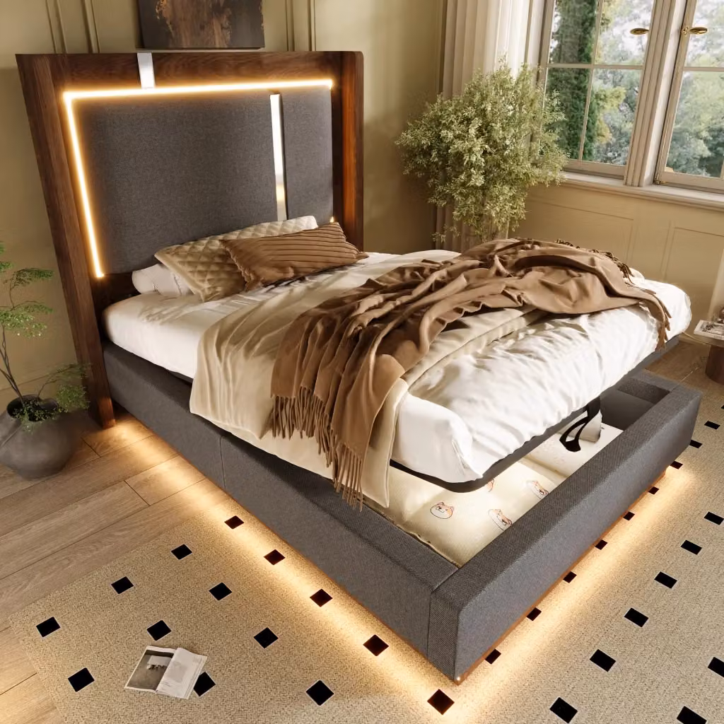 Letto contenitore REDOM con illuminazione LED, rivestimento in tessuto grigio e finitura noce, L/P/H: 90 x 200 x 110 cm – 2