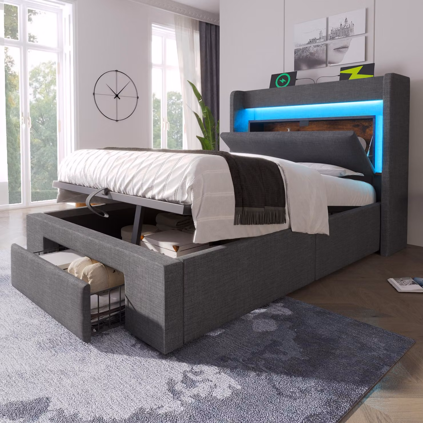 Letto imbottito 90x200, con sistema di sollevamento idraulico, contenitore integrato, poggiatesta con vano portaoggetti, illuminazione LED, porte USB e USB-C, doghe in legno, rivestito in lino, senza materasso.