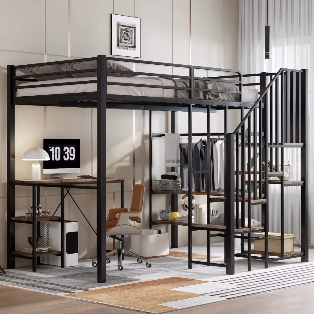 Letto a castello REDOM con scrivania e libreria per bambini in metallo e MDF nero L/P/H: 200 x 120 x 75,5 cm – 2