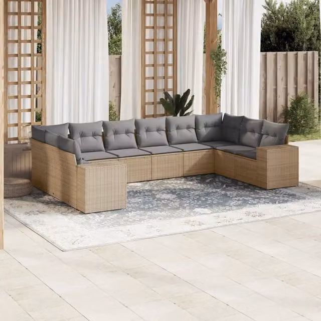 Set Divano da Giardino 10 pz con Cuscini Beige in Polyrattan 3223068
