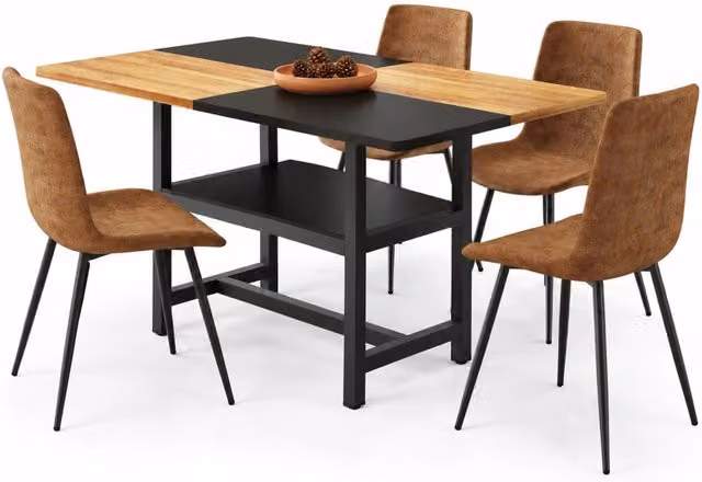 Set tavolo e sedie con tavolo rettangolare e 4 sedie con ripiano, in tessuto tecnico, MDF e metallo marrone e nero