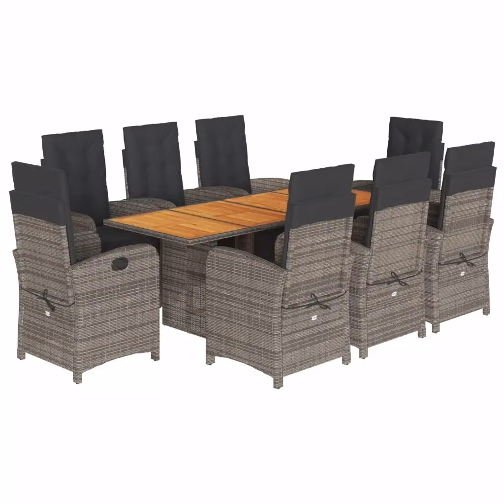 Set da pranzo da giardino vidaXL in polyrattan grigio con cuscini e tavolo in legno di acacia, 9 pezzi – 2