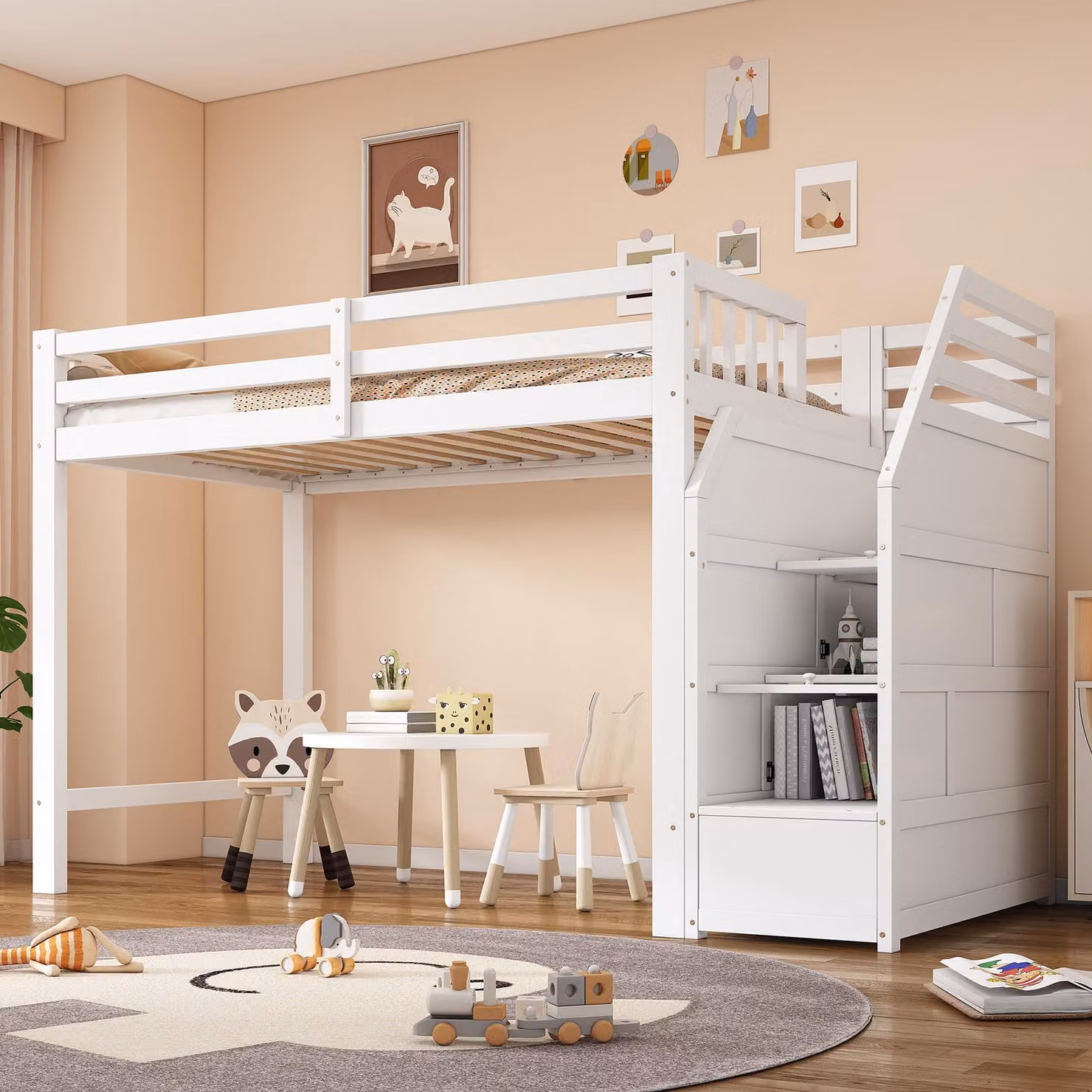 Letto alto singolo Aosom in legno di pino bianco con rete a doghe e scala per bambini L/P/H: 200 x 90 x 147 cm – 2
