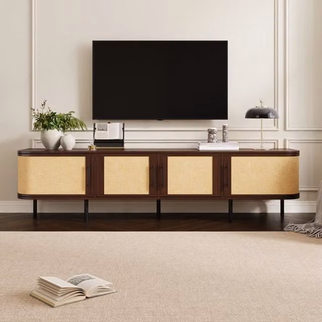 Mobile TV con 4 ante e frontali intrecciati in MDF maniglie nere piedi in ferro color noce 180 × 40 × 45 cm