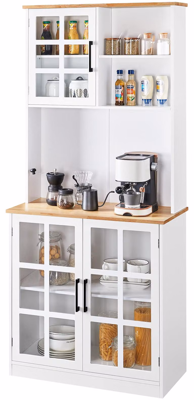 Mobiletto da cucina Yaheetech, 183 cm, pensile alto con ante in vetro, ideale come dispensa