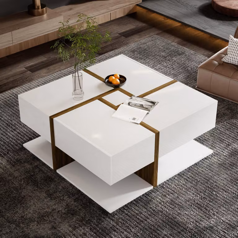 tavolino da salotto okwish 78*78*34.8cm, tavolino con spazio di archiviazione sottostante, con funzione bar, design unico a linee di colore (colore bianco e legno)