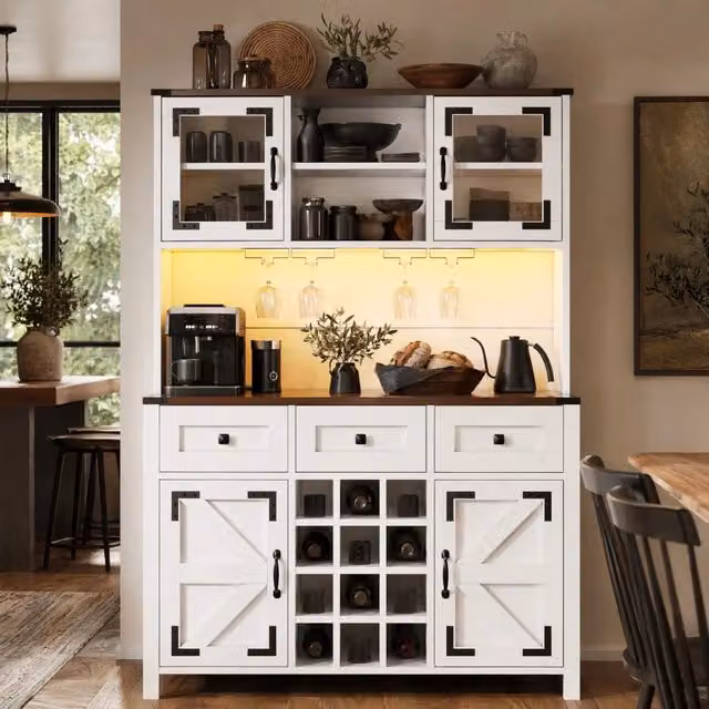 Mobile colonna da cucina MIVRAY bianca con LED, prese AC e USB, portabicchieri e ante in vetro, L/P/H: 120 x 40 x 170 cm