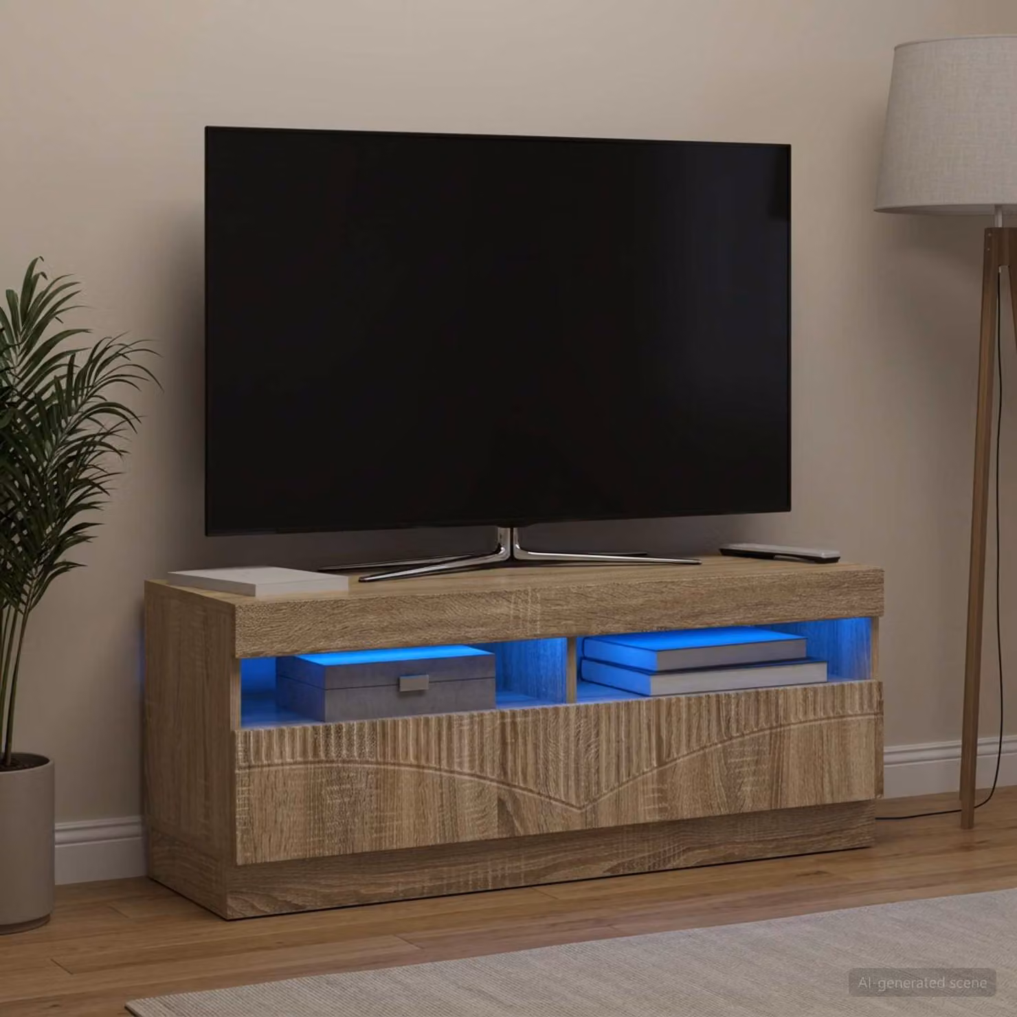 Mobile TV stand vidaXL in legno ingegnerizzato Rovere Sonoma con illuminazione LED e scomparti multimediali, colore marrone/beige
