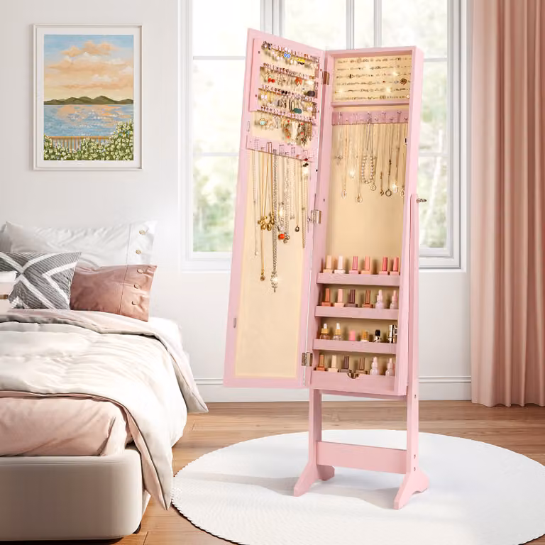 Armadio portagioie Costway con specchio a figura intera e 64 spazi per orecchini, Rosa scuro