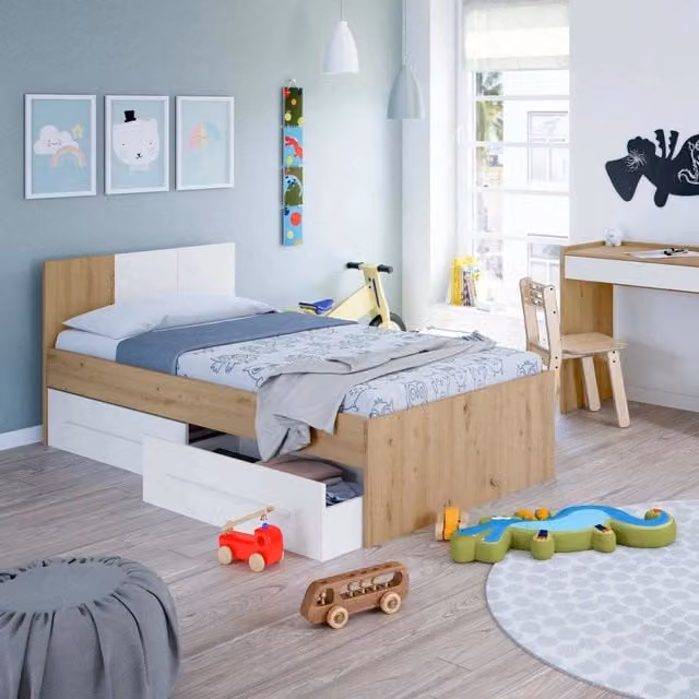 Letto singolo contenitore Azalia DMORA con testiera e 2 cassettoni, Rovere nodi e Bianco, L: 196 cm, P: 90 cm, H: 41-97 cm – 1