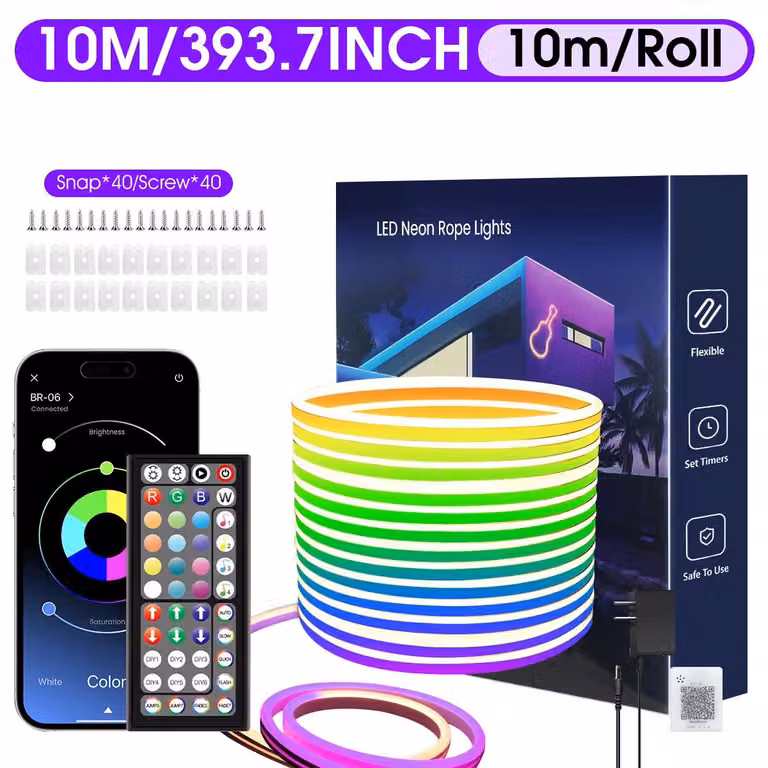 Striscia luminosa LED effetto neon - Striscia LED flessibile - 10 metri - RGB - Controllo tramite app e telecomando - Grado di protezione IP65 (resistente all'acqua) - 24 V - Tecnologia SMD5050