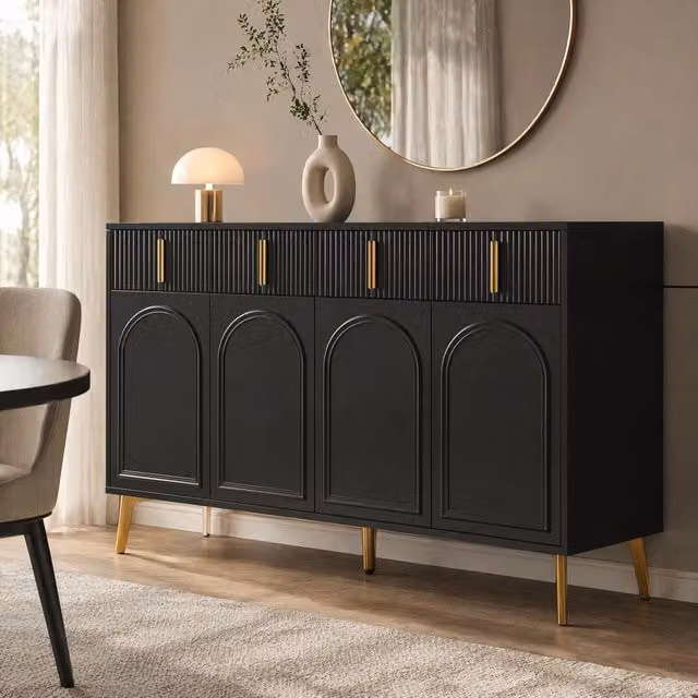 Madia moderna REDOM in MDF nero con dettagli oro per soggiorno e sala da pranzo L: 140 cm, P: 38 cm, H: 82 cm