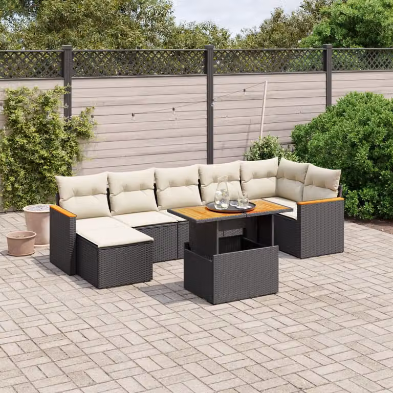 Set Divani da Giardino a L vidaXL in Polyrattan Nero con Cuscini e Tavolino da Esterno