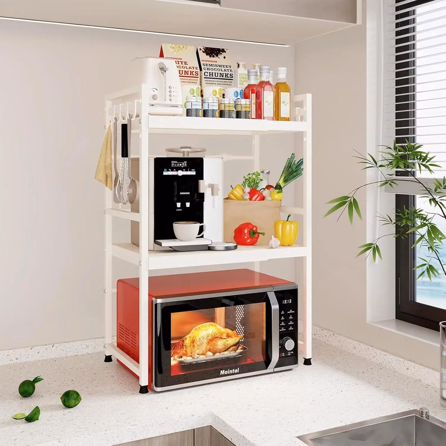 Scaffale per microonde - Scaffale da cucina a 3 ripiani - Estraibile - Acciaio - Con 6 ganci - Multifunzionale - Bianco