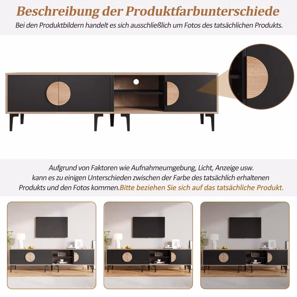 Mobile TV REDOM moderno in nero e rovere con 3 ante e 2 vani aperti L: 180 cm, P: 35 cm, H: 49 cm – 2