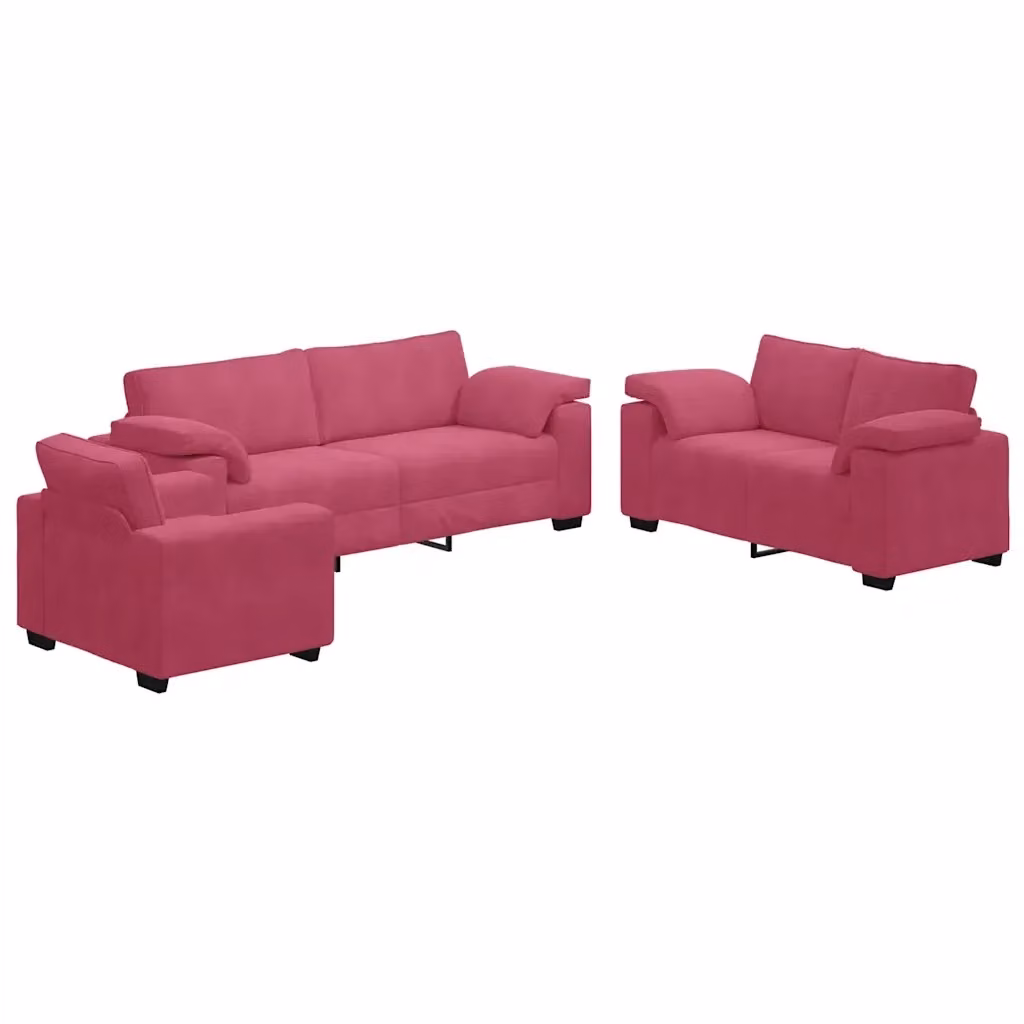 Set di divani 3 pezzi vidaXL in velluto rosso con cuscini coordinati per soggiorno – 2