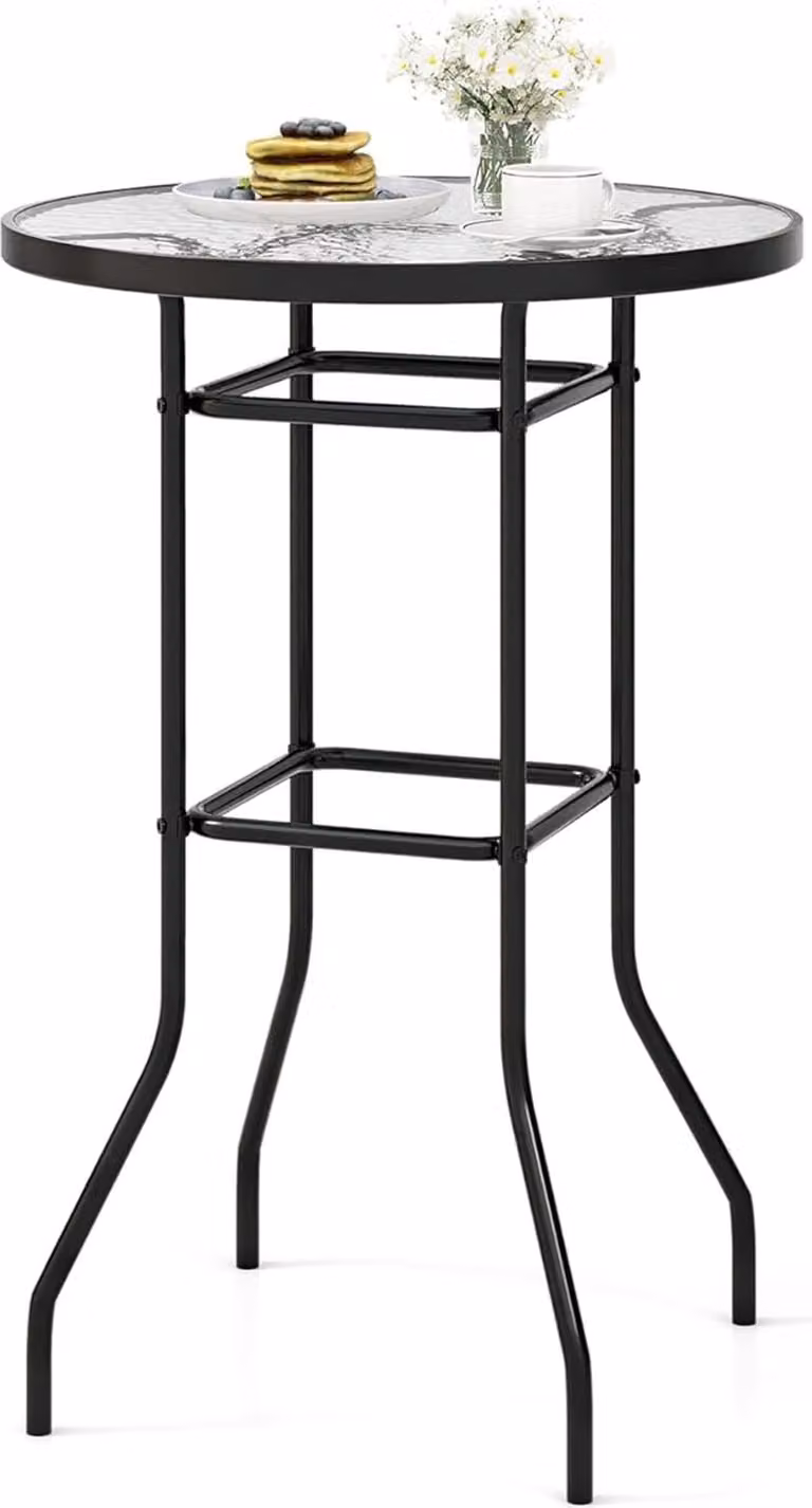 Tavolo da terrazza rotondo con piano in vetro, tavolo da bistrot da esterno da 68 x 68 cm con robusta struttura in metallo, tavolino con piano in vetro ondulato