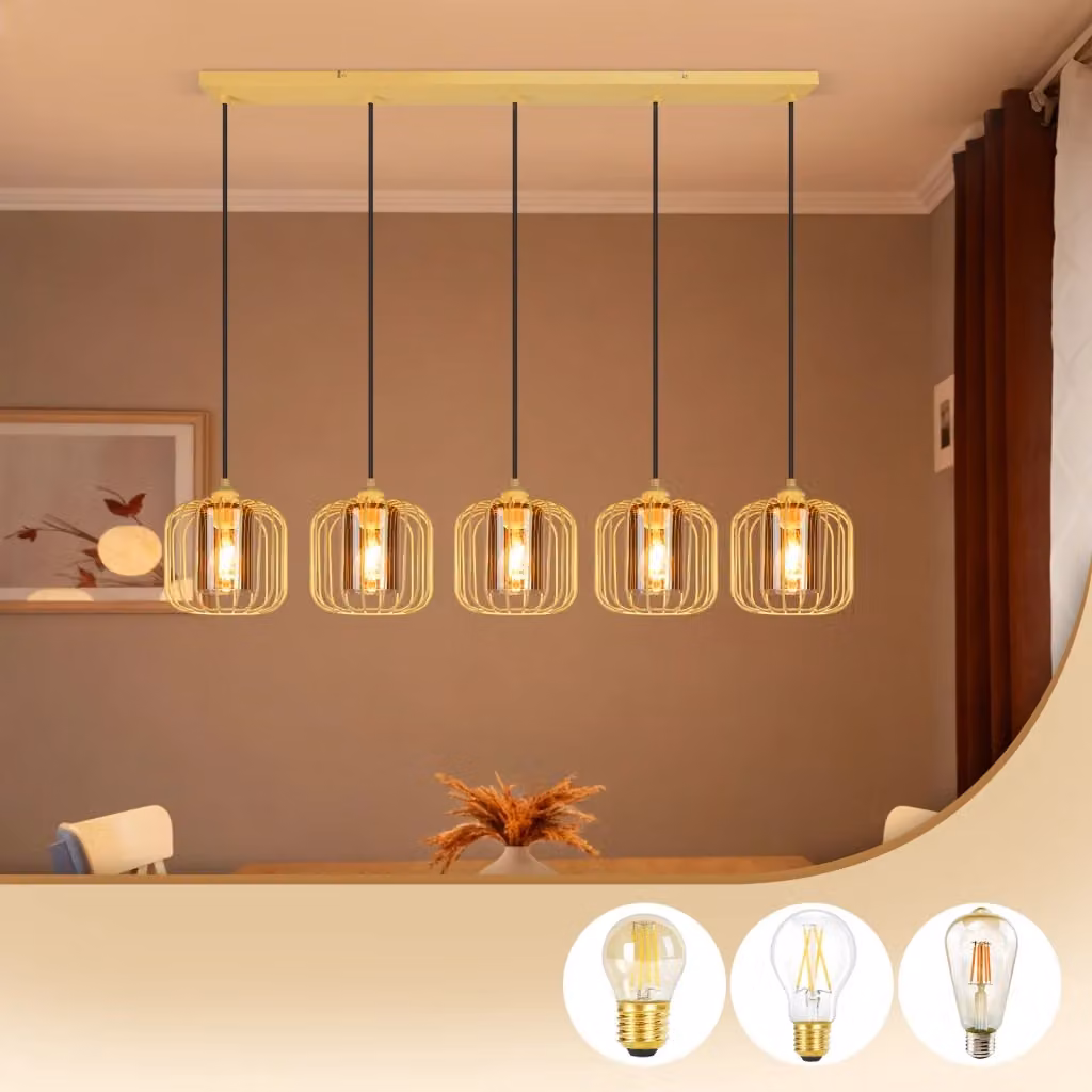 Lampada a sospensione ZMH vintage in metallo e vetro trasparente con 5 luci E27, colore oro/ottone, regolabile in altezza per soggiorno, cucina o sala da pranzo – 2