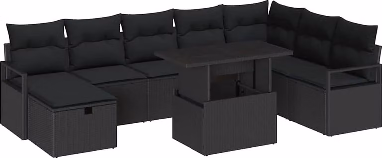 Set Divano da Giardino con cuscino 9 pcs Nero Poly Rattan