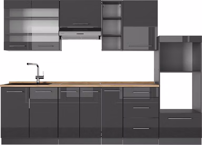 Cucina componibile Vicco Fame-Line Antracite lucido 280 cm , PL Rovere, Model 57086