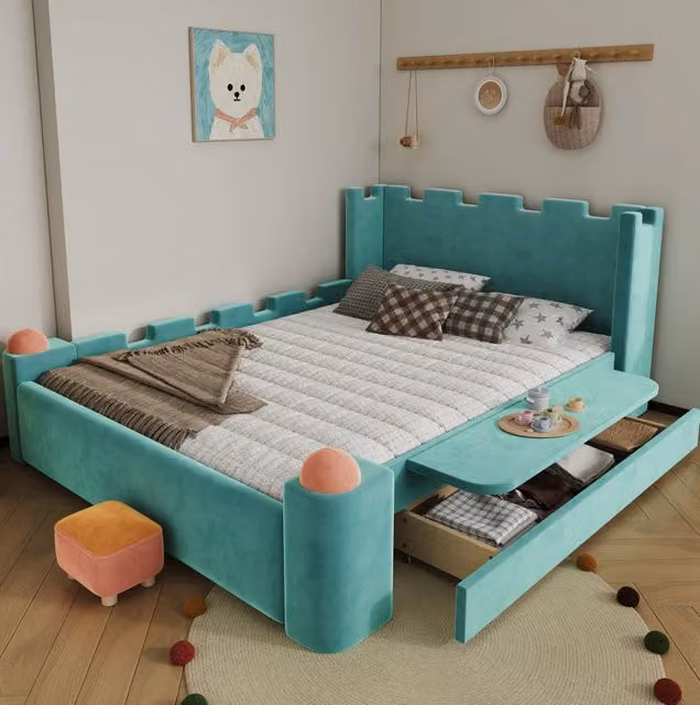 Letto per bambini 140x200 cm blu verde in legno e tessuto con contenitore e ripiano pieghevole