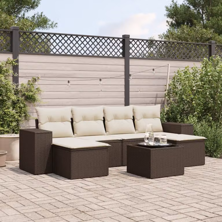 Set di divani da giardino vidaXL in polyrattan marrone con cuscini e tavolino da esterno 7 pezzi