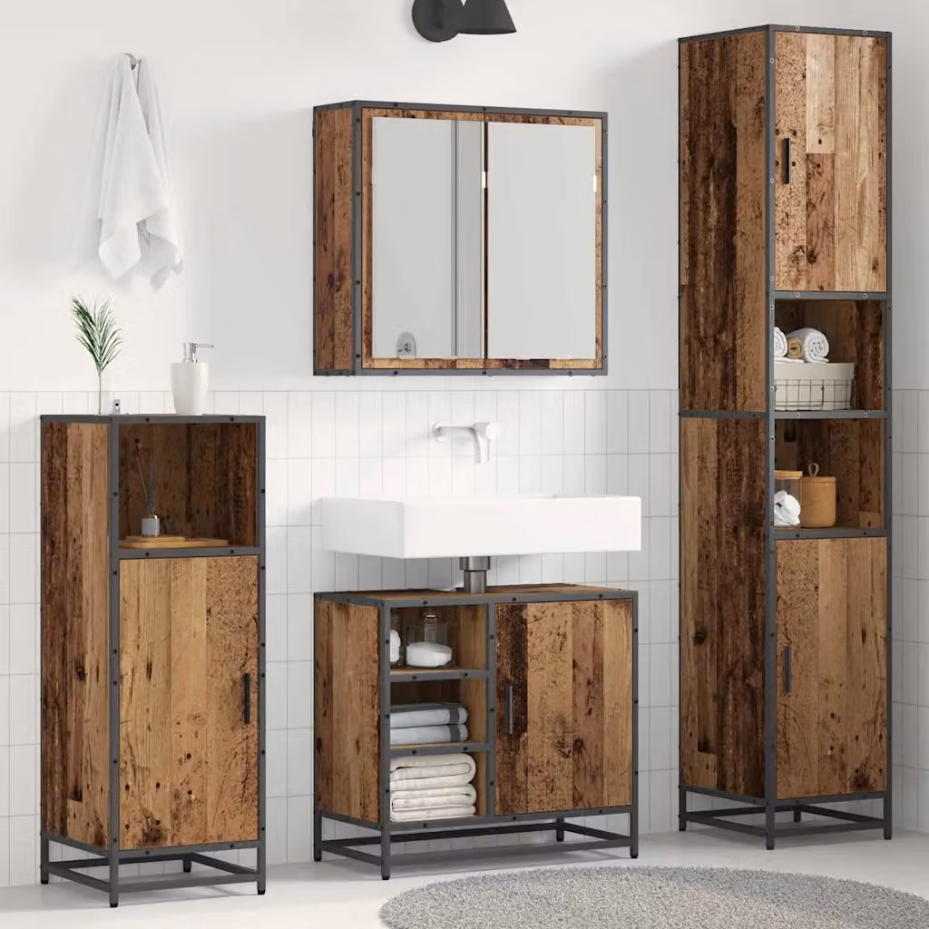Set di mobili per il bagno vidaXL 3 pezzi in legno e metallo marrone con specchio e illuminazione LED L/P/H: 65 x 33 x 60 cm – 1