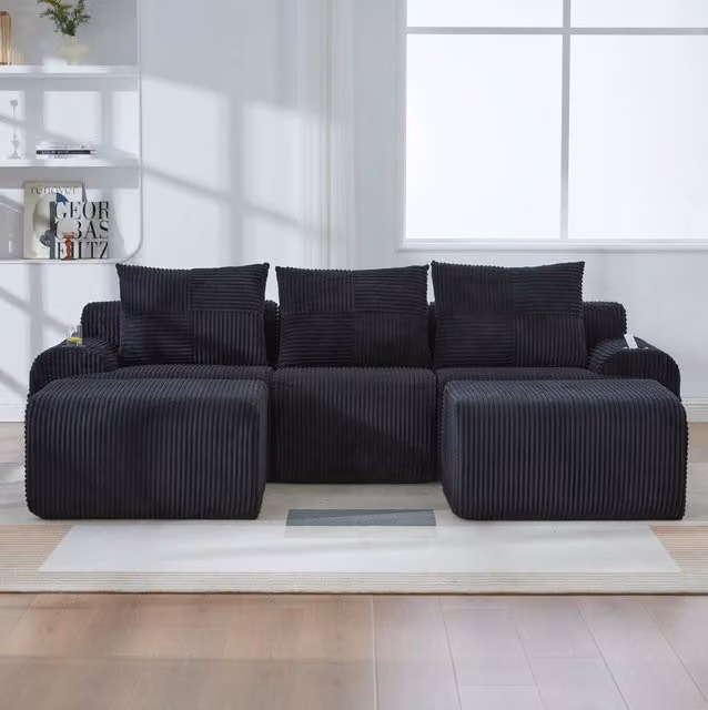 Divano modulare 3 posti in corduroy nero 268x174x66 cm con portabicchieri e tasca laterale