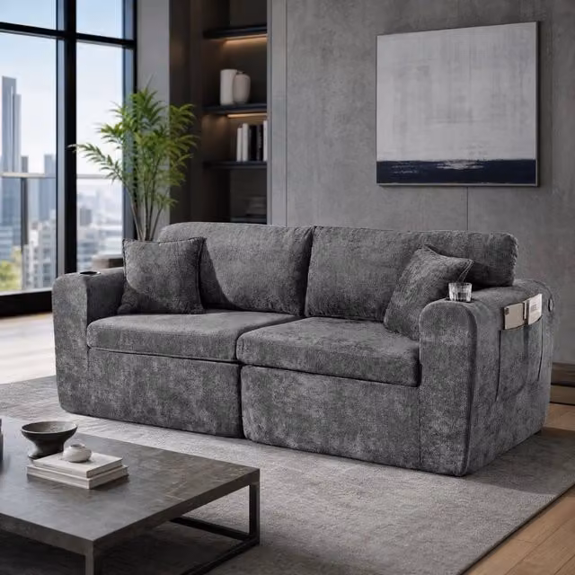 Divano 2 posti 220x100x89 cm in chenille grigio con portabicchiere, per spazi piccoli –