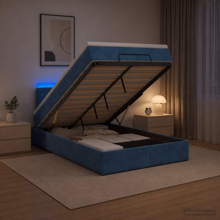 Letto Ottomano vidaXL con Materasso Ibrido e Illuminazione LED Sotto il Letto in Velluto Blu e Bianco L/P/H: 120 x 200 x 88 cm