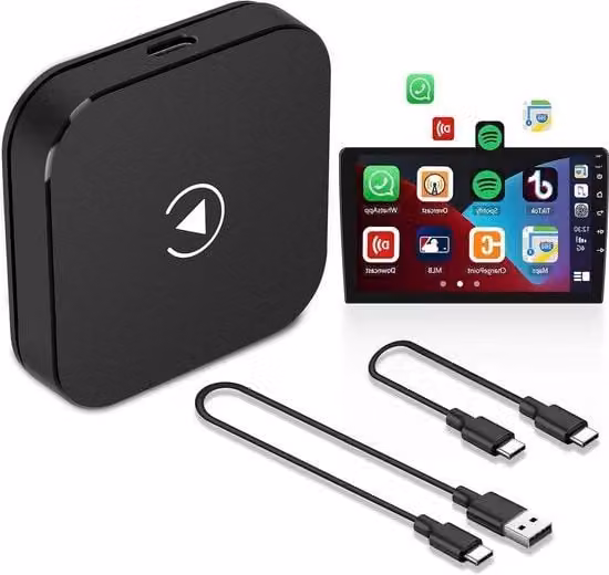 Adattatore CarPlay Wireless Plug and Play con Chip Dual Core 2024, Dongle WiFi senza ritardo con cavo USB-C e USB-A, Nero