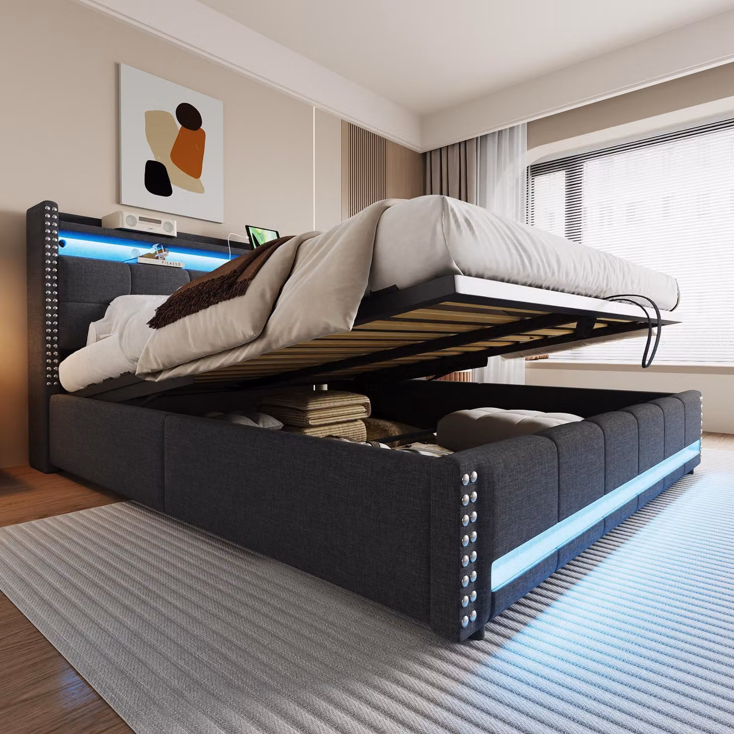 Letto imbottito STILVORA 180X200 con materasso, letto a molle con rete, illuminazione LED e presa USB, tessuto di lino, grigio