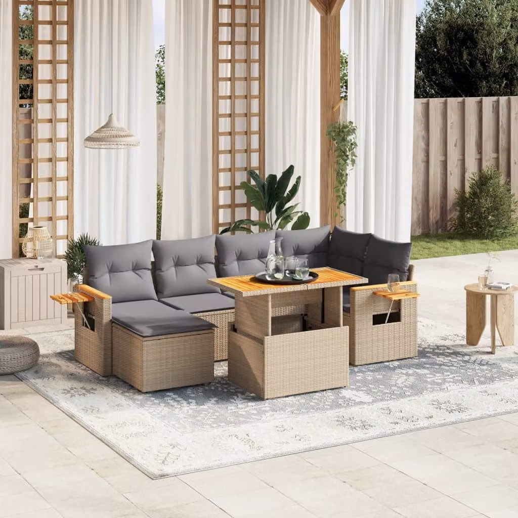 vidaXL Set Divani da Giardino 7 pz in Polyrattan con Cuscini Beige e Tavolino da Esterno – 1